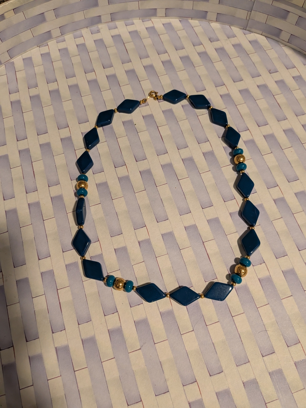 Vintage Trifari Teal Blue Lucite Geometric Bead Necklace Gold Tone Accent